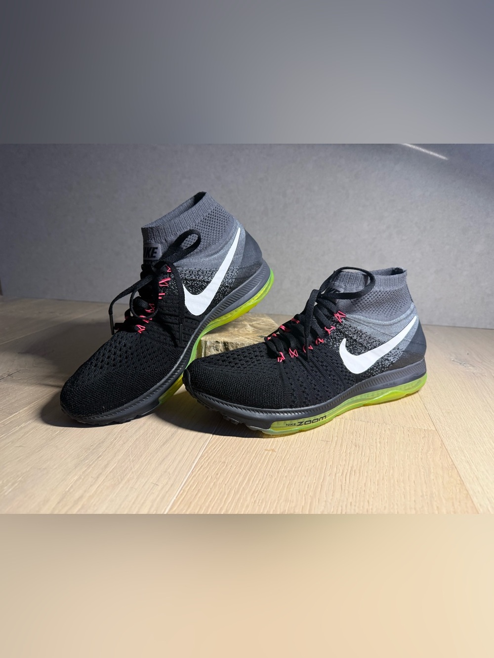 Nike Zoom Flyknit High-Top Sneakers with Neon Green and Pink Accents